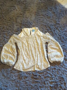 CeCe Girls Gold Sequin Cold-Shoulder Puff Sleeve Top